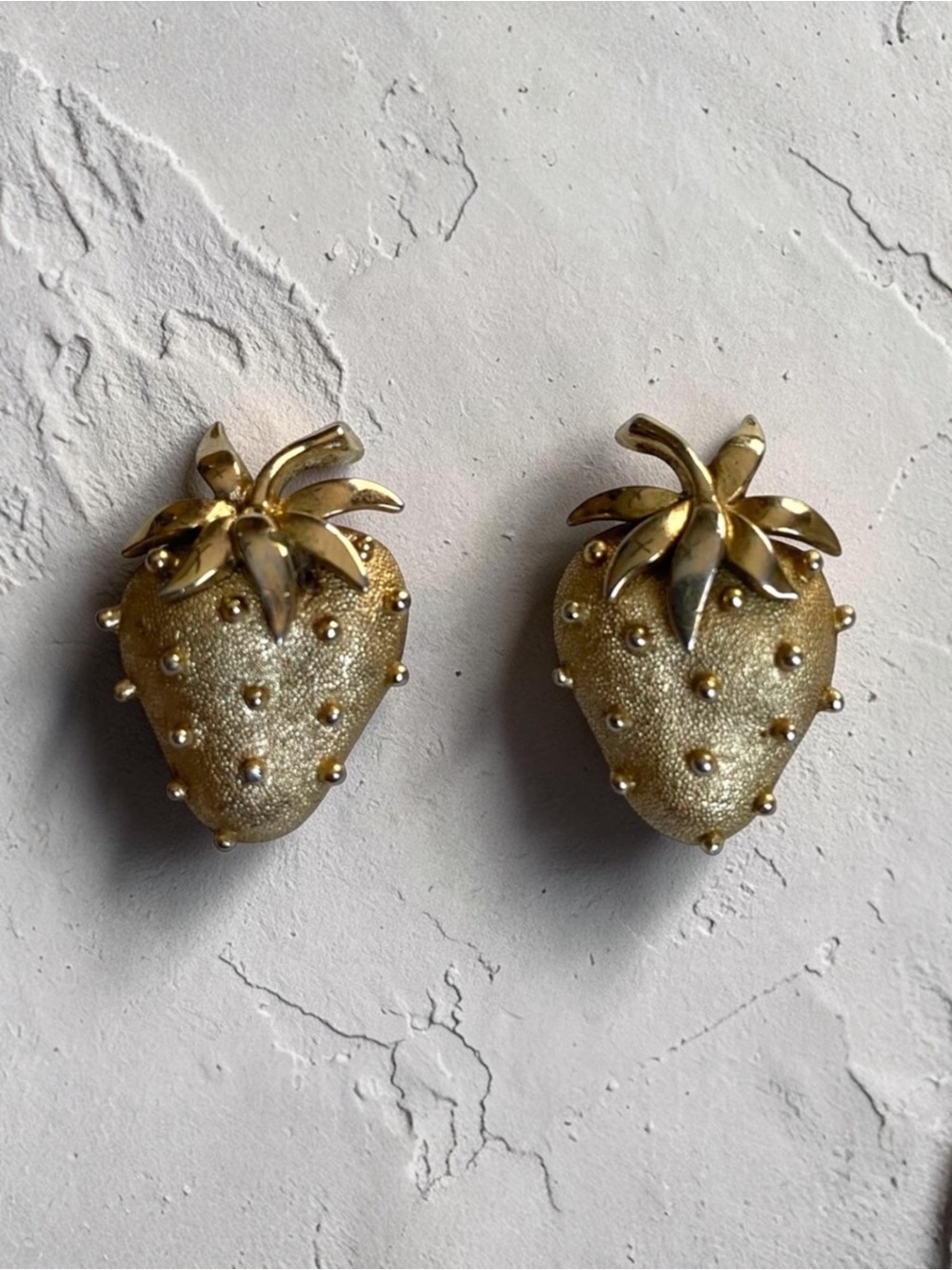 Gold Toned Trifari Strawberry Clip On Earrings